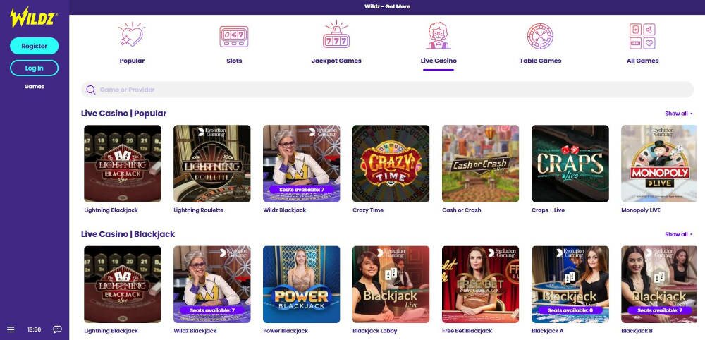 Wildz Live Casino Games